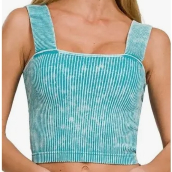 #0446 S/M ZENANA Indigo Blue Ribbed Stone Wash Crop Tank/Built-in Bra 12-19 - Picture 15 of 15